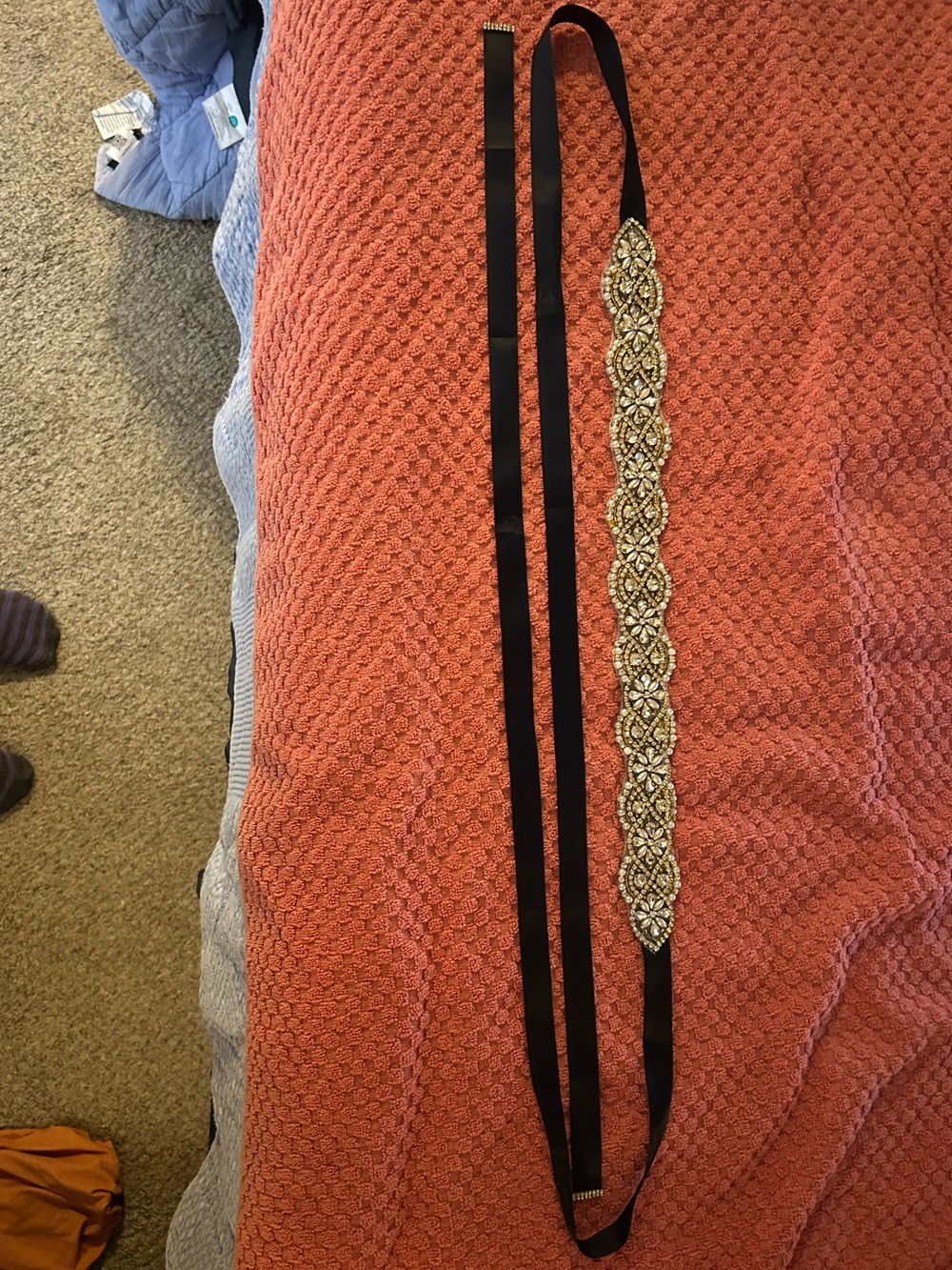 Beaded Black Ribbon Waist Belt with Gold Crystal Accents
